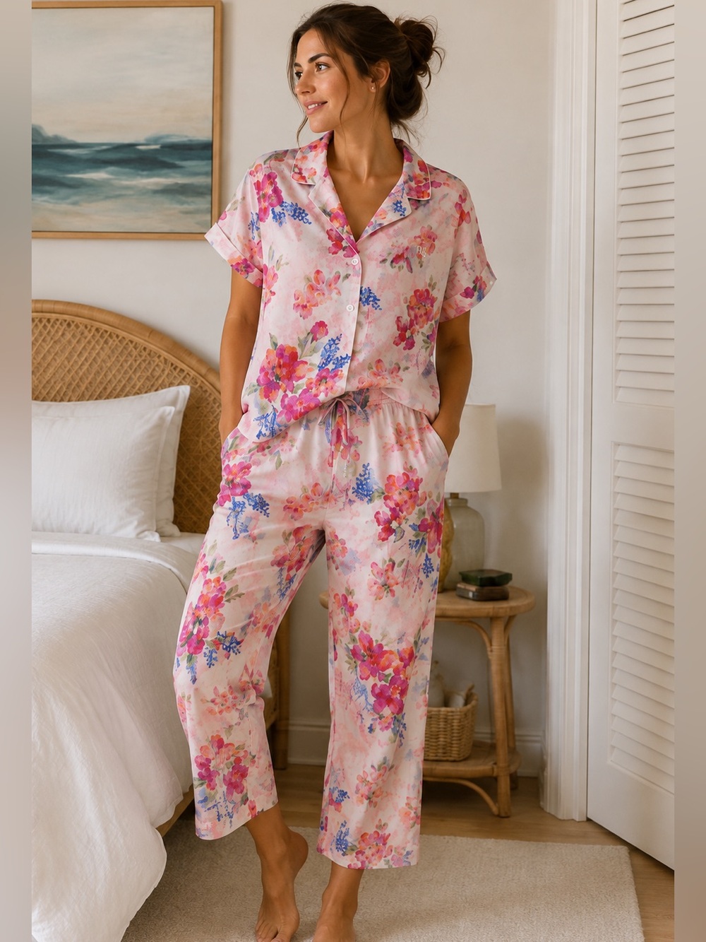 Lauren Ralph Lauren Women’s 2 Piece Pink Floral Pajama Set Sleepwear